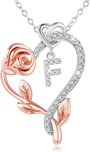 SNZM Initial Necklaces Valentine's Day Mother's Day Gifts for Women-925 Sterling Silver Rose Heart Letter Pendant Necklace with 5A Cubic Zirconia