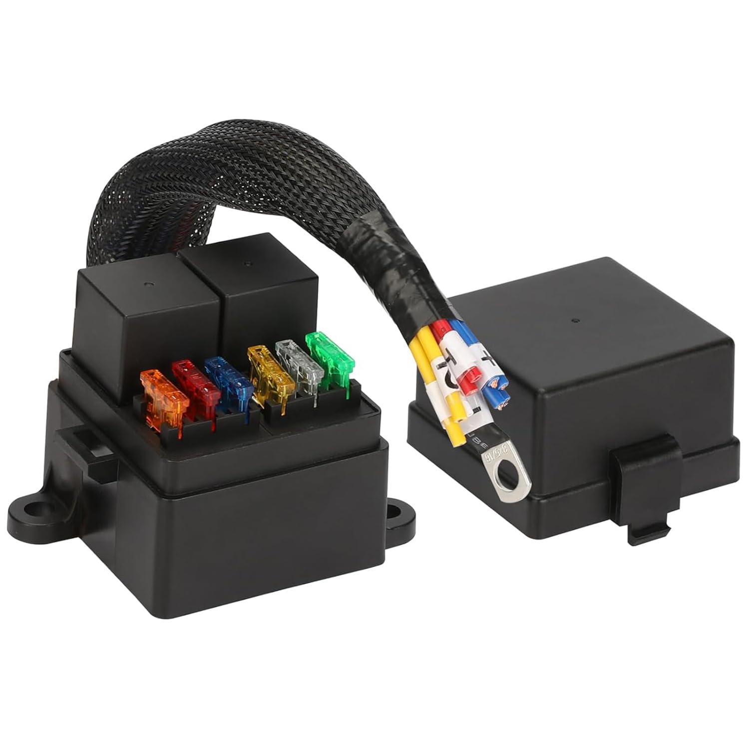 Greluma Scatola relè fusibile precablata con 2 relè DC12V 4 pin 80A e 6 fusibili ATC ATO, blocco fusibile universale impermeabile per auto, camion, barca, camper e veicoli marini.