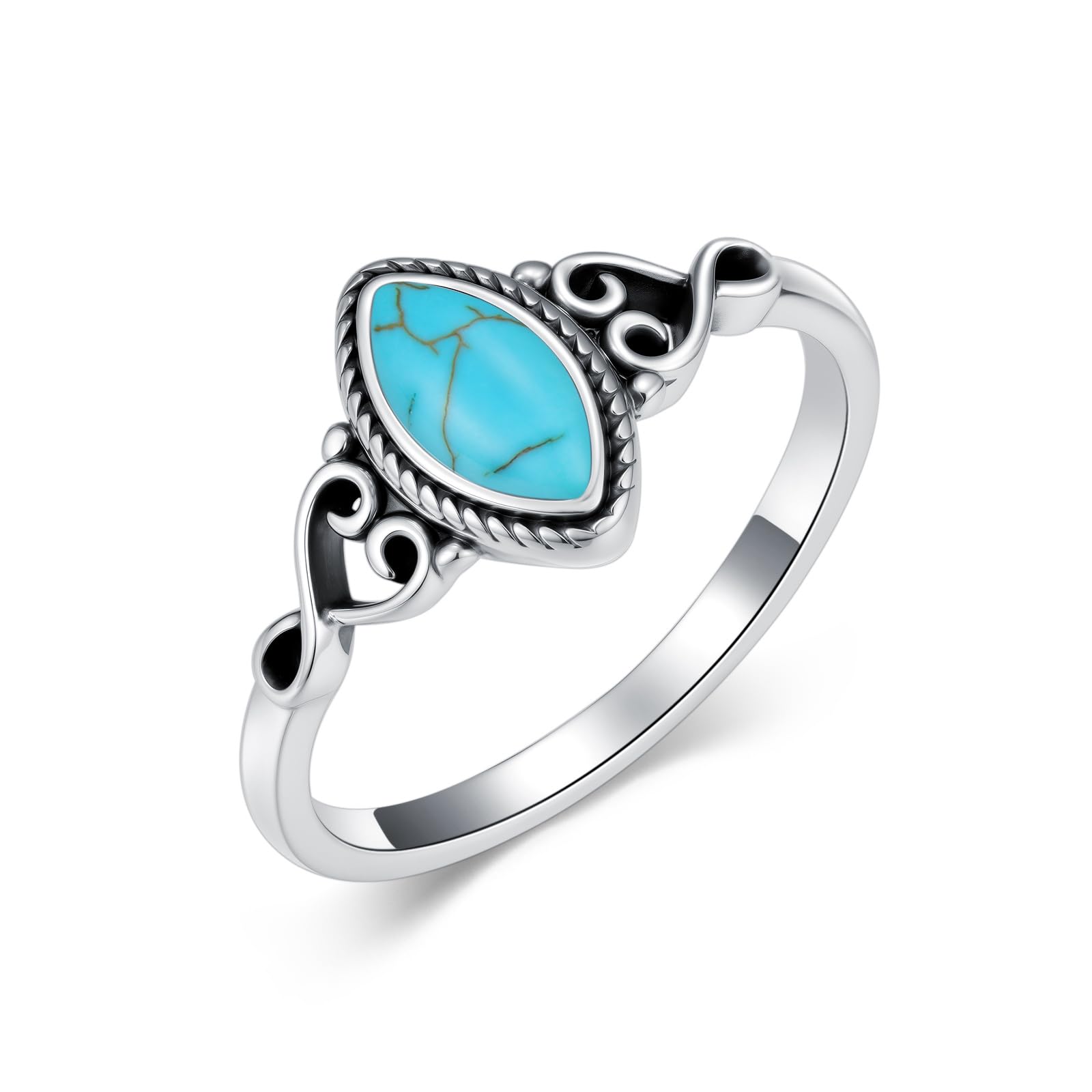 - Real Turquoise Rings 925 Sterling Silver Natural Gemstone Olive Shape Ring Boho Western Jewelry Gifts for Women