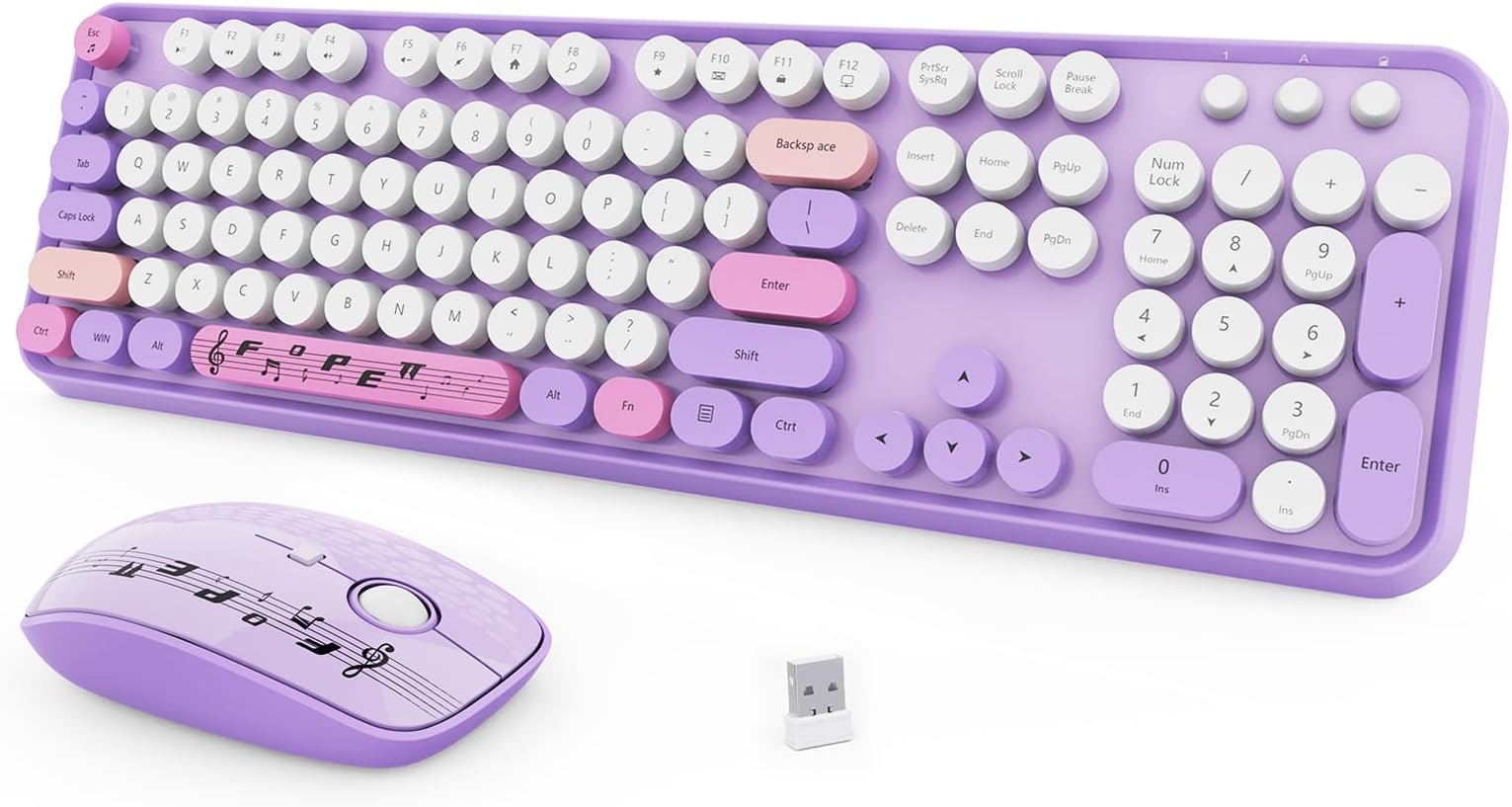 Wireless Keyboard Mouse Combo,Purple Retro Typewriter Keyboard with Round Keycaps,2.4G Wireless Full Size Office Colorful Keyboard and Cute Mouse with 3 DPI for PC Mac Laptop Desktop Tablet Computer