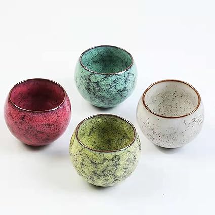 Handmade Chinese Japanese Tea Bowls, Tea Cup Set, 4 Pack, 110ml / 3.7oz for Office, Home, Gifts (G,W ,P,Y)
