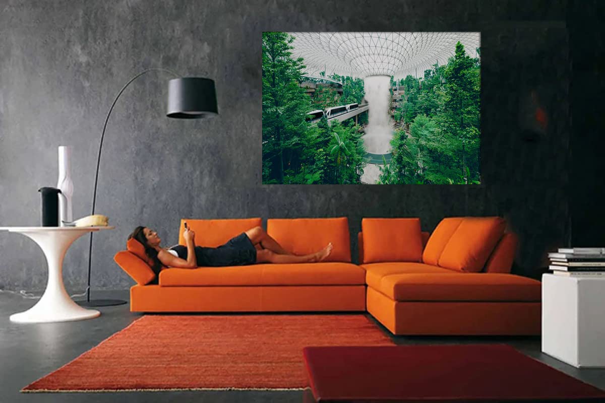 XtremeSkins Framed Canvas - Wall Decor for Living Room, Bedroom, Office, Hotels, Drawing Room (60in X 45in) - Singapore Airport biodome rain Vortex Indoor Waterfall