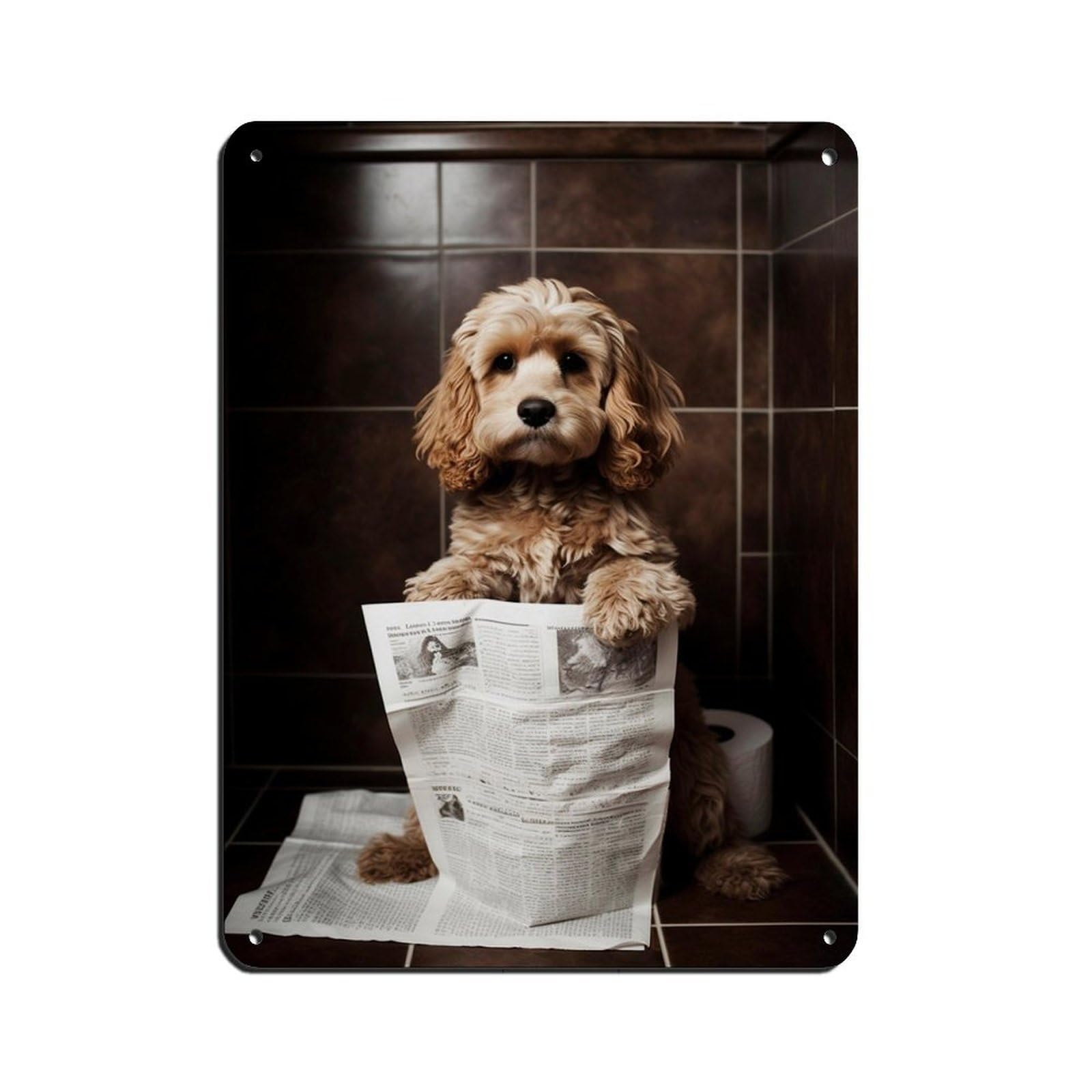 Cocker Spaniel Reading The Newspaper on The Toilet Bowl Tin Sign Vintage Metal Pub Club Cafe Bar Home Wall Art Decoration Poster Retro 12x16inch(30x40cm)