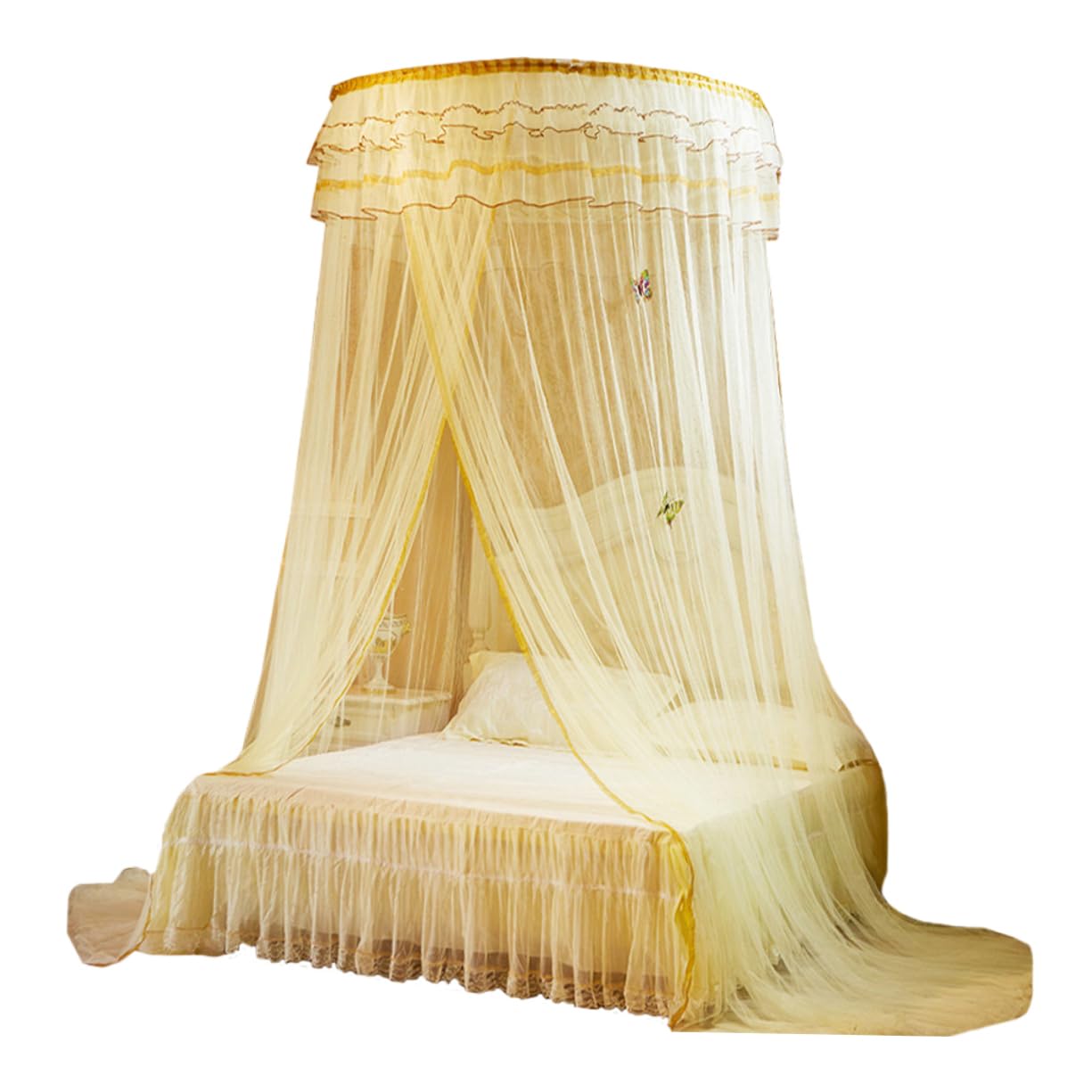 Moustiquaire de lit de luxe en dentelle beige et voile de baldaquin suspendu haut de gamme