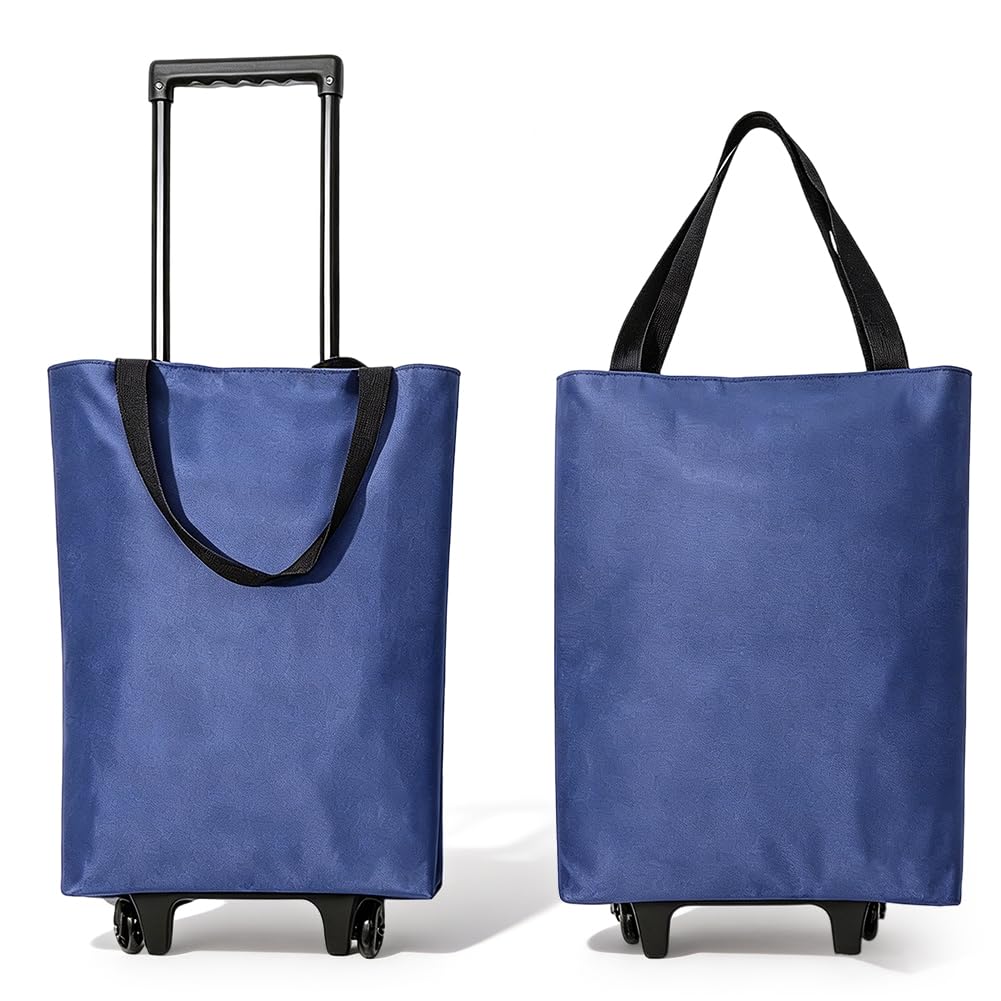 Einkaufstrolley Klappbar 30L, 2-in-1 Einkaufswagen Modern mit Tasche, Leichter Shopping Trolley bis 25kg für Camping, Reisen, Supermarkt (Blau)