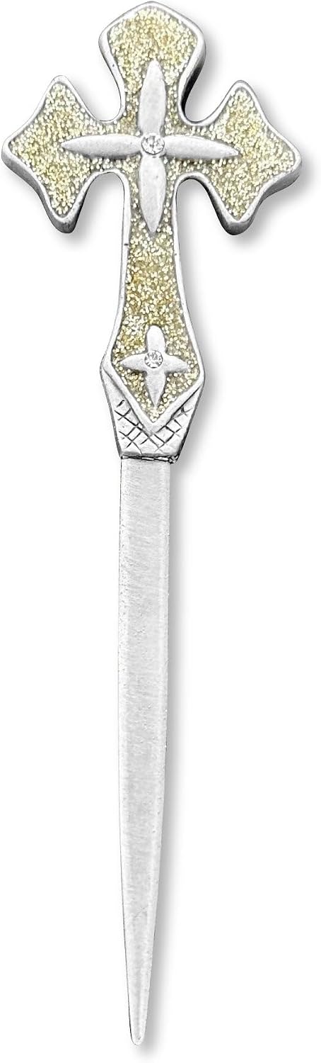 Letter Opener Cross Shape Vintage Pewter Metal Letter Opener Envelope Open Slitter, Silver Hand Letter Opener (Cross with Glitter)