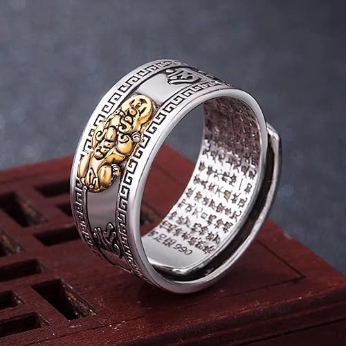 Miniatura 3 de Pixiu - Anillo de plata de ley 990 con mantra Feng Shui para proteger la riqueza y la suerte, anillo ajustable para mujeres y hombres