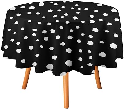 Black Dotted Tablecloth, 60" Round Washable Polyester Table Cloth for Square or Round Tables