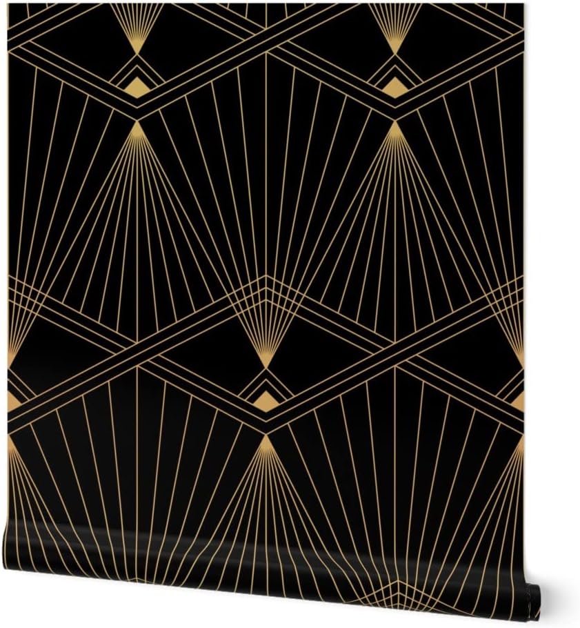 Spoonflower Removable Wallpaper 6ft x 2ft - Art Deco Black Gold Geometric Lines Vintage Roaring 20s Custom Pre-Pasted Wallpaper