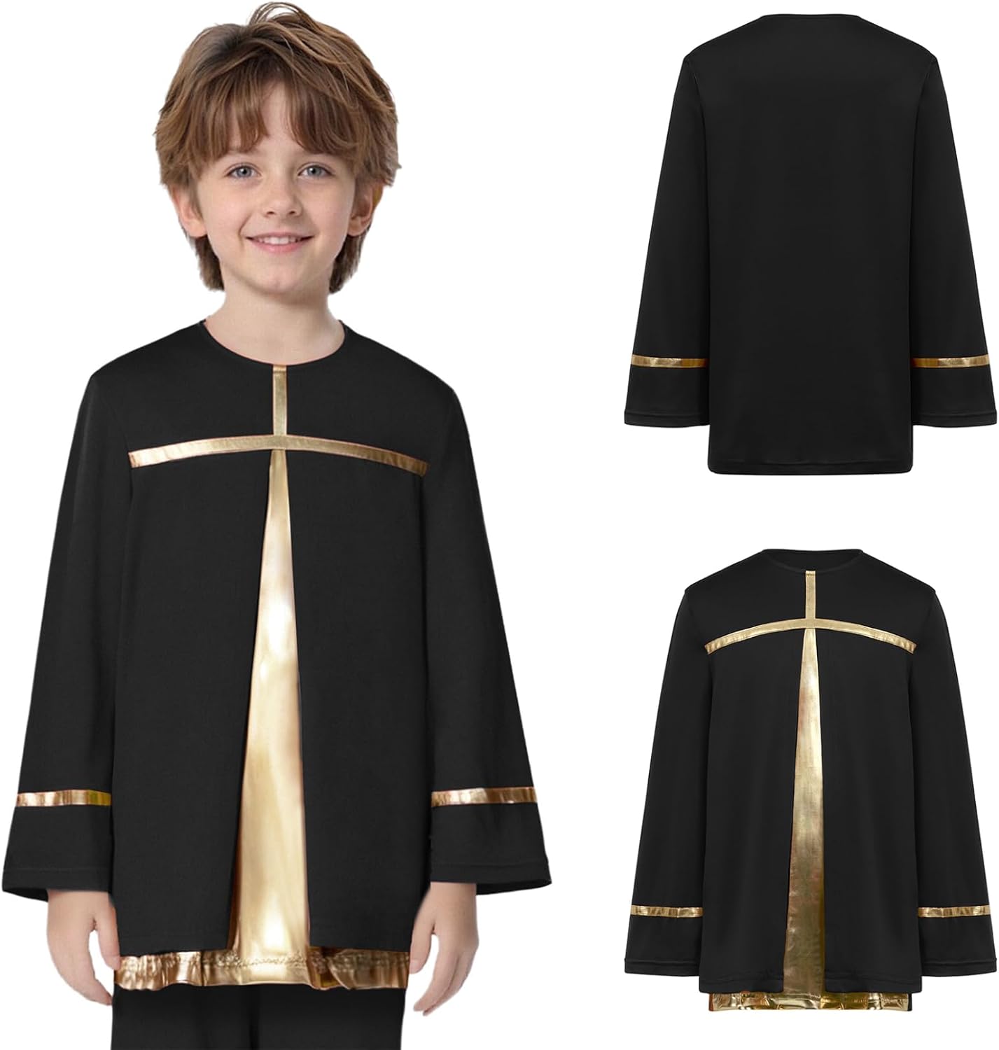 Kids Boys Liturgical Praise Worship Dance Tops Metallic Cross Patchwork Long Sleeve Church Pullover Shirts