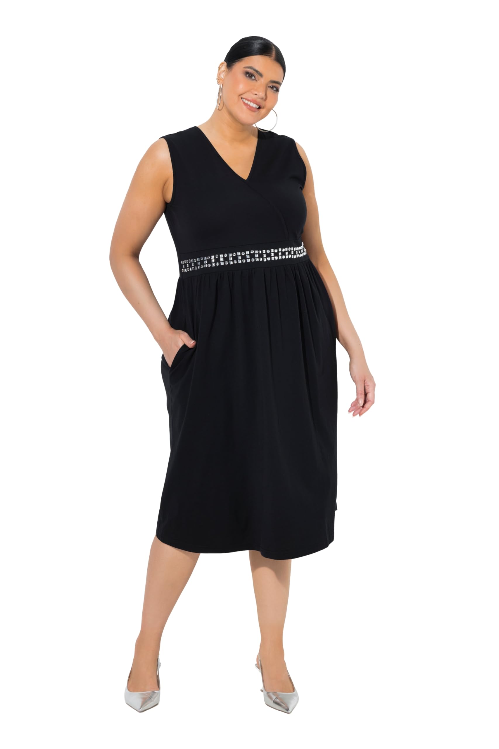 Ulla Popken Damen große Größen Übergrößen Plus Size Midikleid, Stickerei, Wickeloptik, V-Ausschnitt, ärmellos 849688