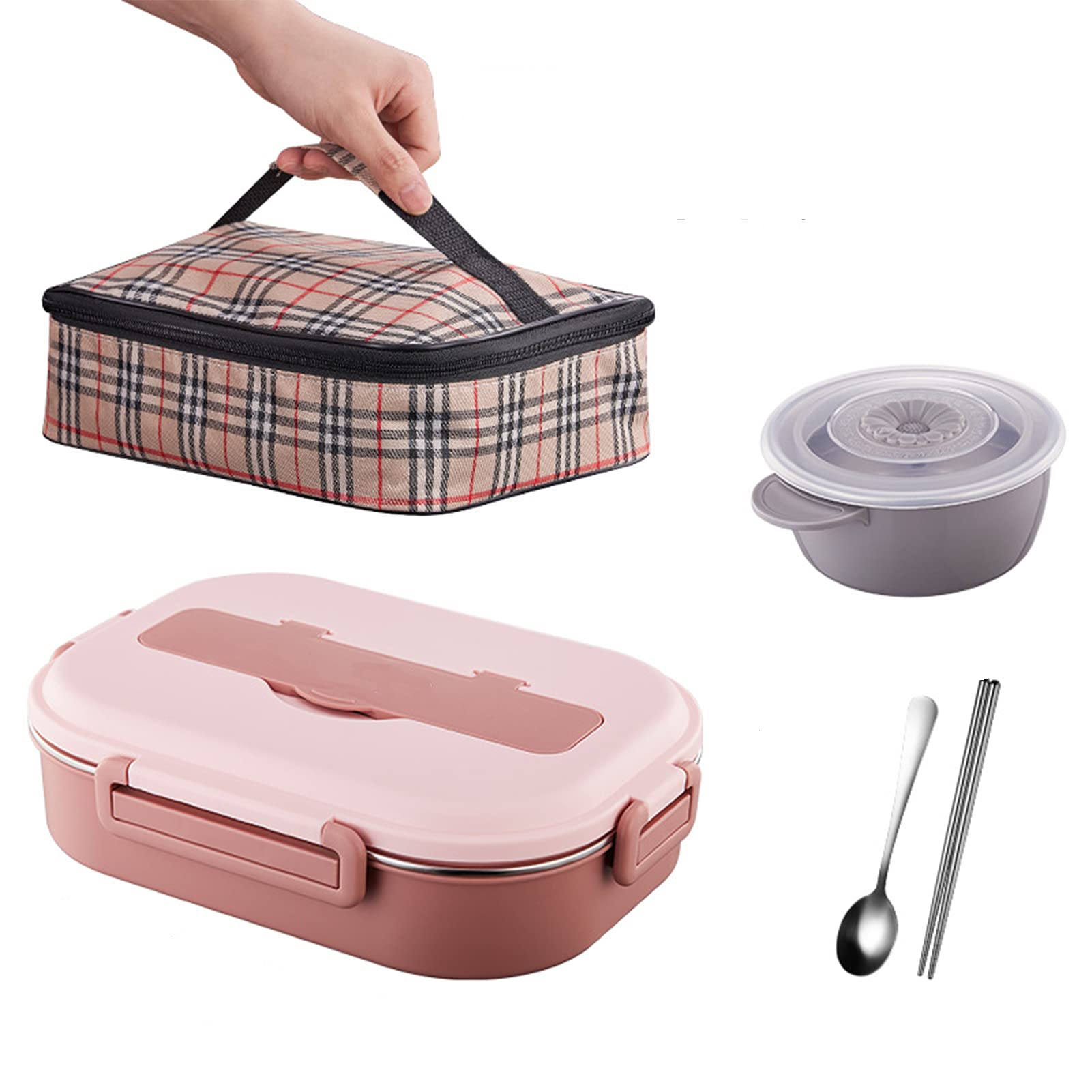 Fiambrera Bento con 4 Compartimentos, fiambreras de 1500 ml, Recipientes Termicos para Alimentos de Acero Inoxidable con lonchera y Cubiertos aislados,para Escuela Oficina Picnic,Rosado