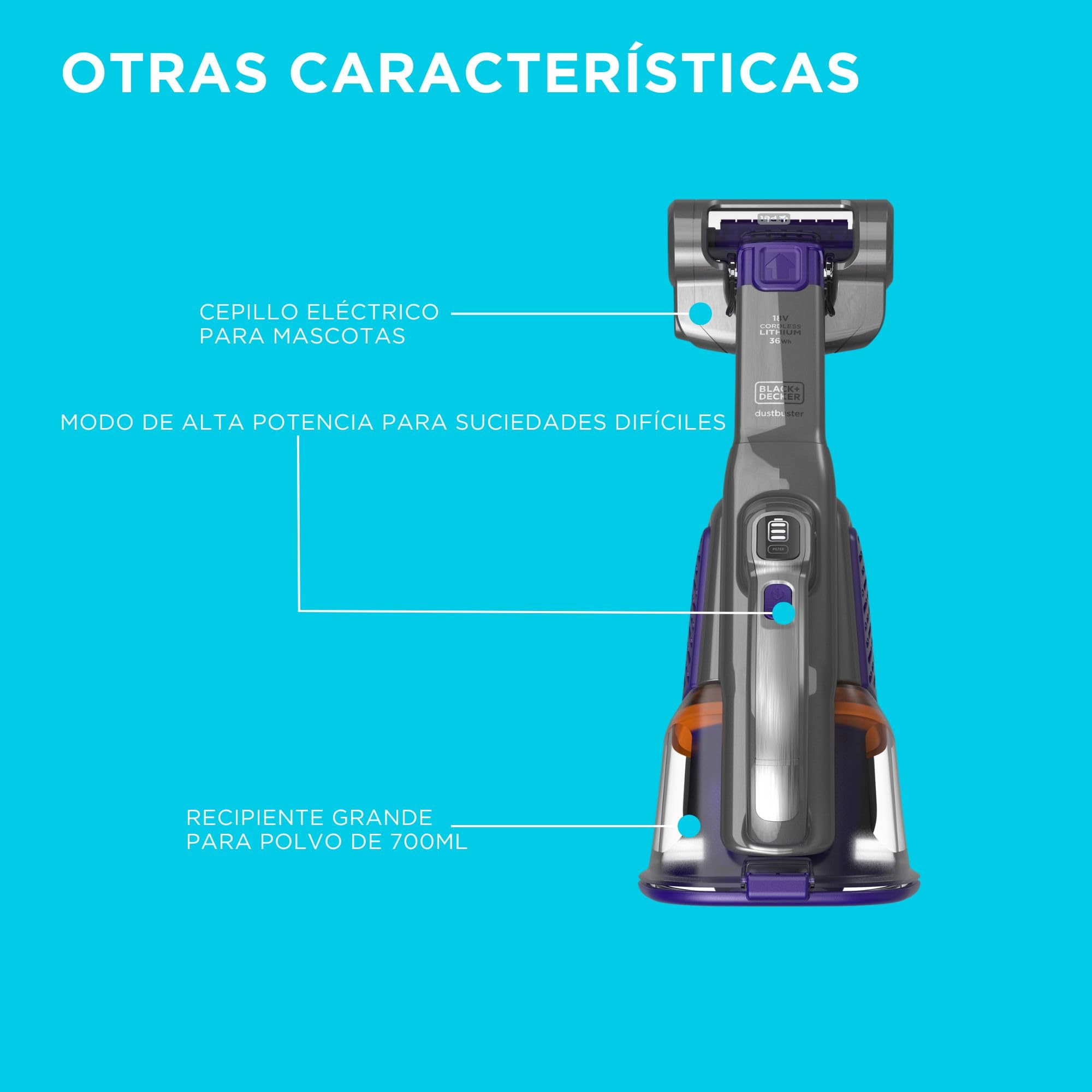 Black+Decker Aspirador para Mascotas Dustbuster Gen 11 Pet 18 V 2.0 Ah con Base de Carga, BHHV520BFP-QW