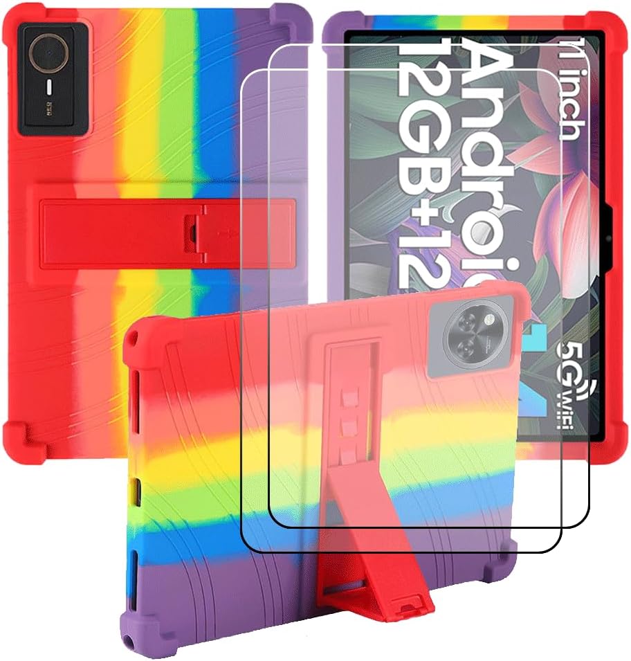 Compatible for COLORROOM C5 11.0 Inch Tablet Case + 2 Pcs Screen Protector Tempered Glass Film, Soft Silicone Full Coverage Adjustable Stand Protective Tablet Cover, Rainbow