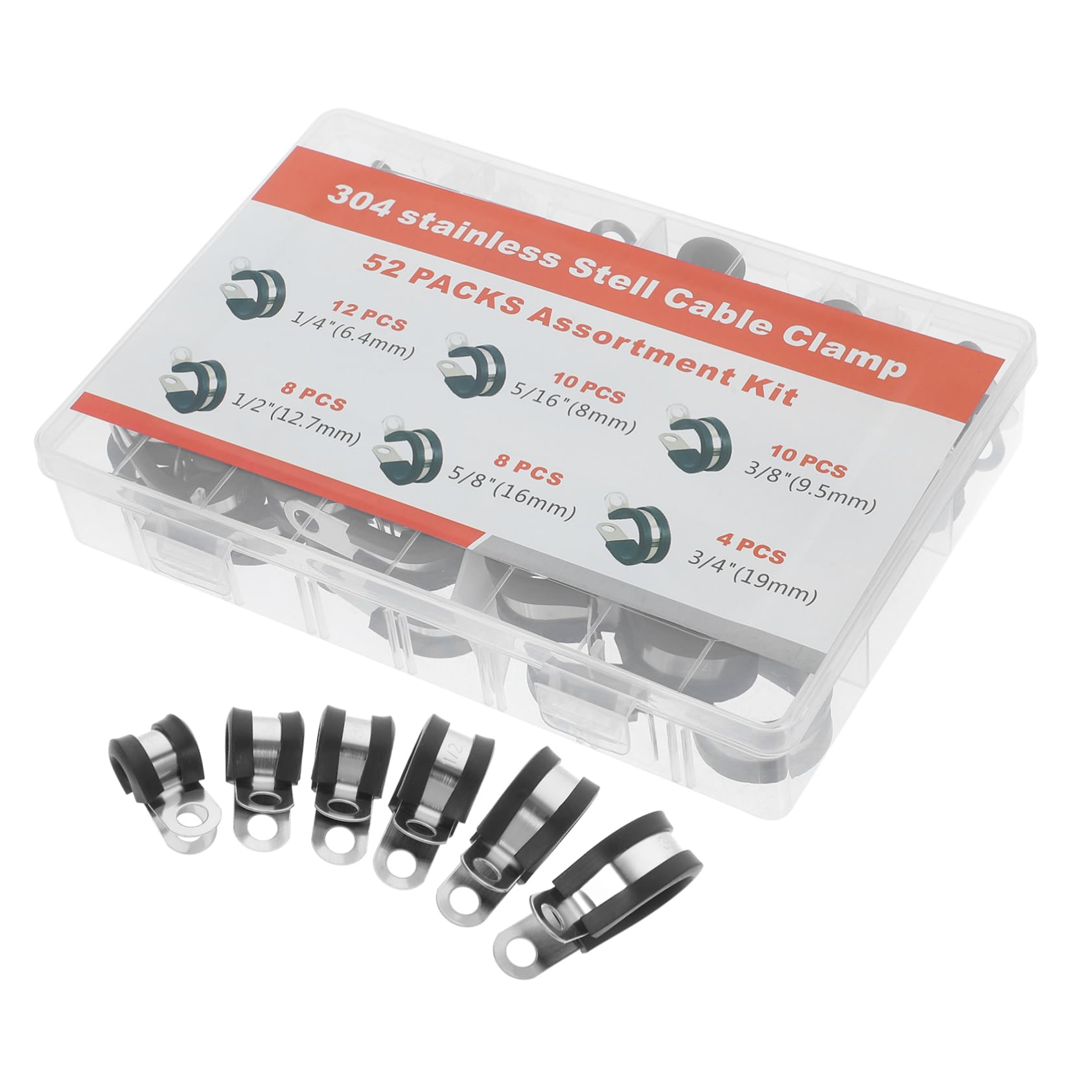 Unomor 52pcs Assorted Stainless Steel Clamps Kit Cable Clips Rubber Coating for Home Marine Use