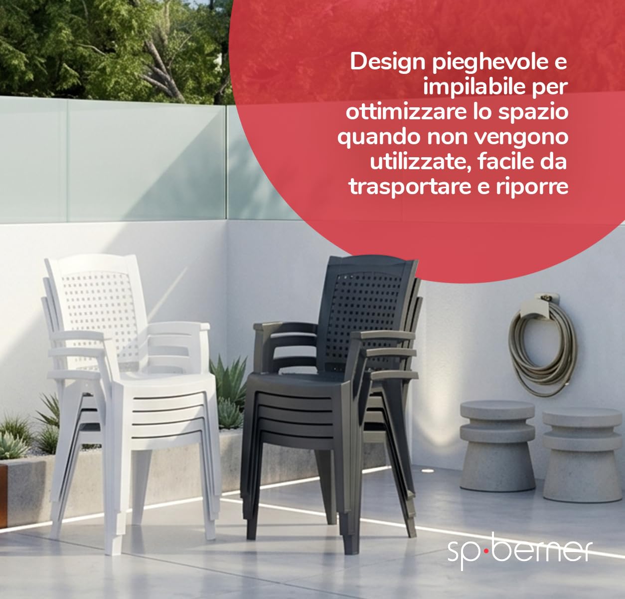 SP Berner SHAF - Confezione da 4 Sedie - Giardino Esterno e Terrazza - Plastica Riciclata Resistente UV - Impilabili - Modello Metallo - Bianco