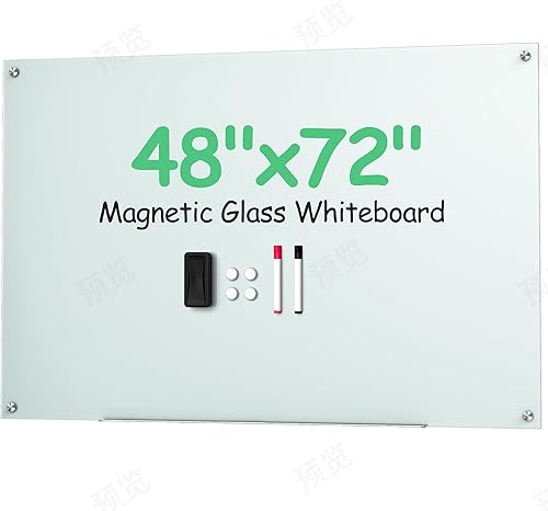 VUSIGN Pizarra de cristal de borrado en seco de 48 x 72 pulgadas, pizarras blancas Magnetie para paredes, pizarra blanca de vidrio grande sin marco,