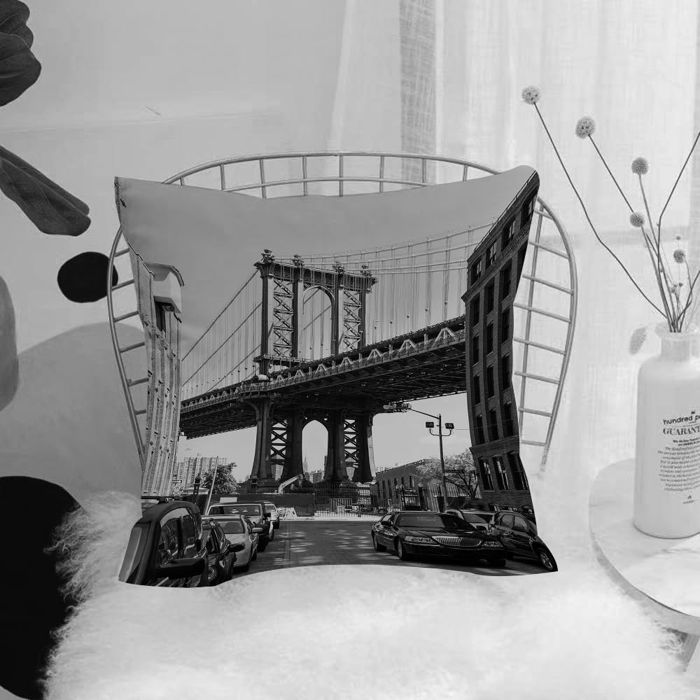 HYMSXW Cushion Cover,Throw Pillow Case Home Decorative for Living Room Bedroom Sofa Chair 20X20 Inch,Landscape,Brooklyn New York Usa Landmark Bridge Street with Cars Photo,Black,Pillowcase 50X50cm