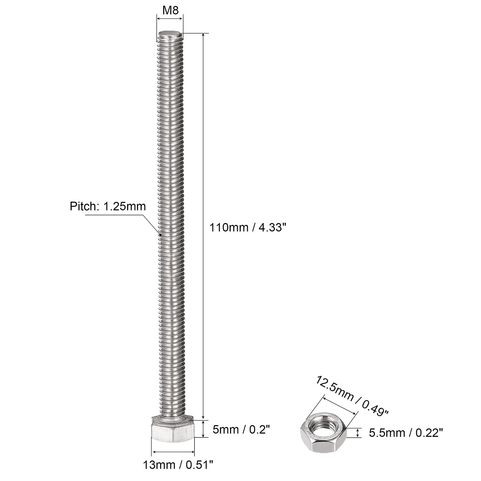 TOP-VIGOR 5Pcs M8 x 110mm Hex Head Screws Bolts, Nuts, Flat & Lock Washers Kits - Image 3
