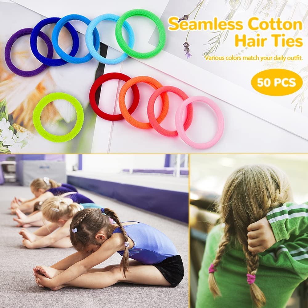 Cotton Hair Ties, IKOCO 50Pcs Seamless Hair Bands Ponytail Holders Thick Hair No Damage Hair Ties for Women 4