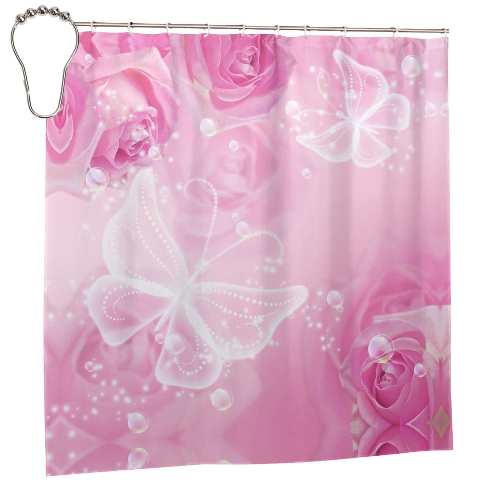 Rideau de douche rose et blanc imprimé papillon accessoire salle de bain tendance