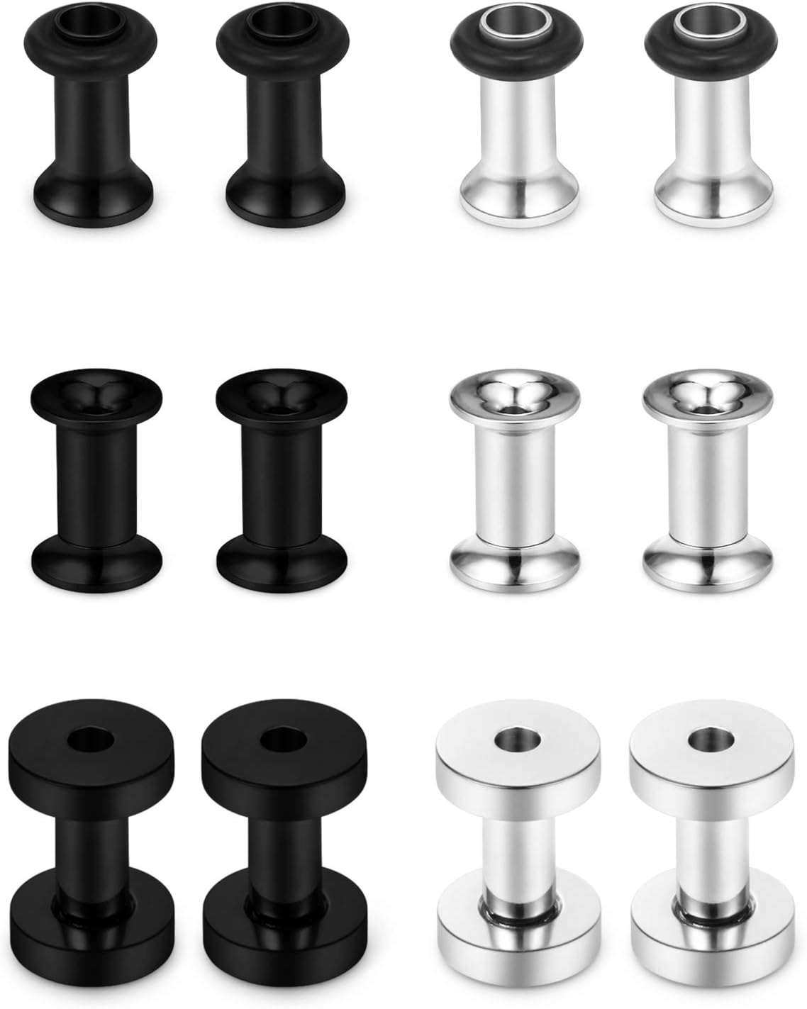 6 Pairs Tunnels Screw Fit Plugs Surgical Steel Ear Stretching Gauges Expander Piercing Jewelry Set for Men Women 8G-0G