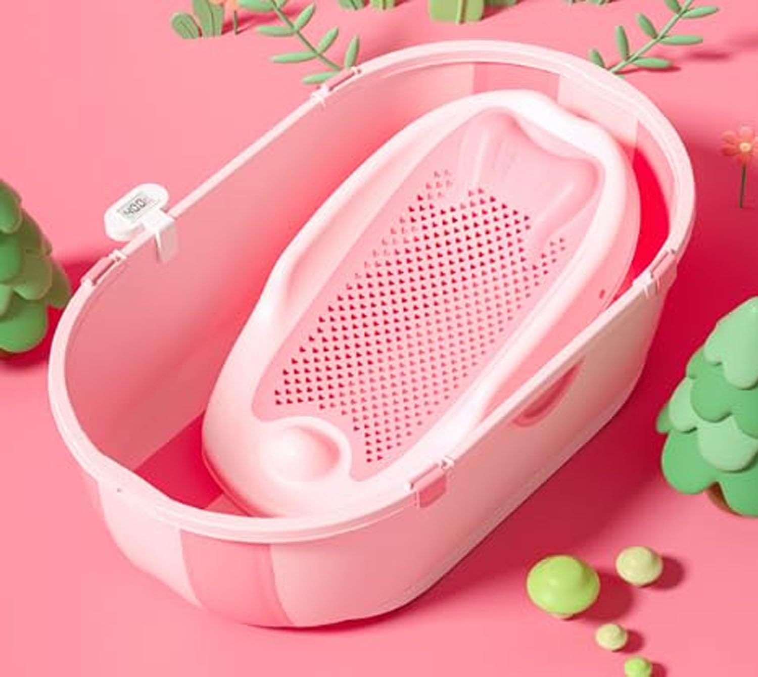 3Clock Collapsible Baby Bathtub with Bath Stand,Baby Bath Tub with Thermometer and Drain Outlet, Durable and Essential Baby Bathtub, Suitable for Babies from 0-5 Years Old to Toddlers (Pink)