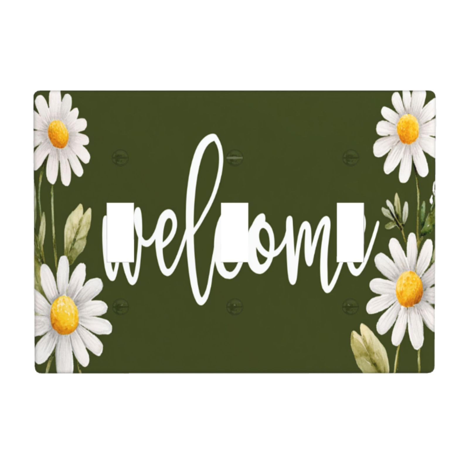 Word Welcome Small Daisy On Olive Green Light Switch Covers 3 Gang Triple Toggle Wall Plate Switchplate Electrical Faceplate for Bathroom Kitchen Bedroom Decor