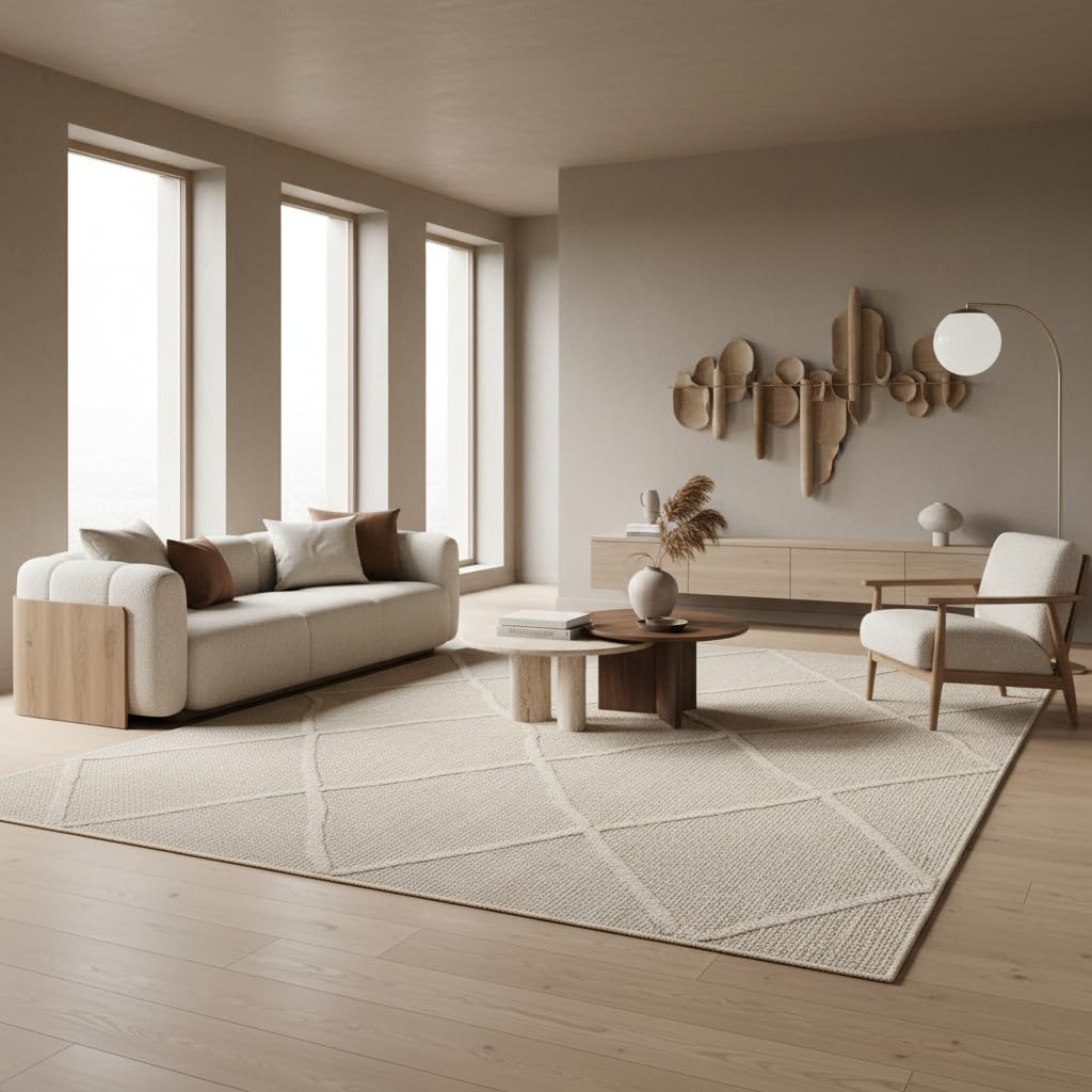 Tapis à Poils Courts Motif Géométrique Plat Pratique Lavable Beige 160x230 cm Couloir Entrée Antidérapant | Cortina