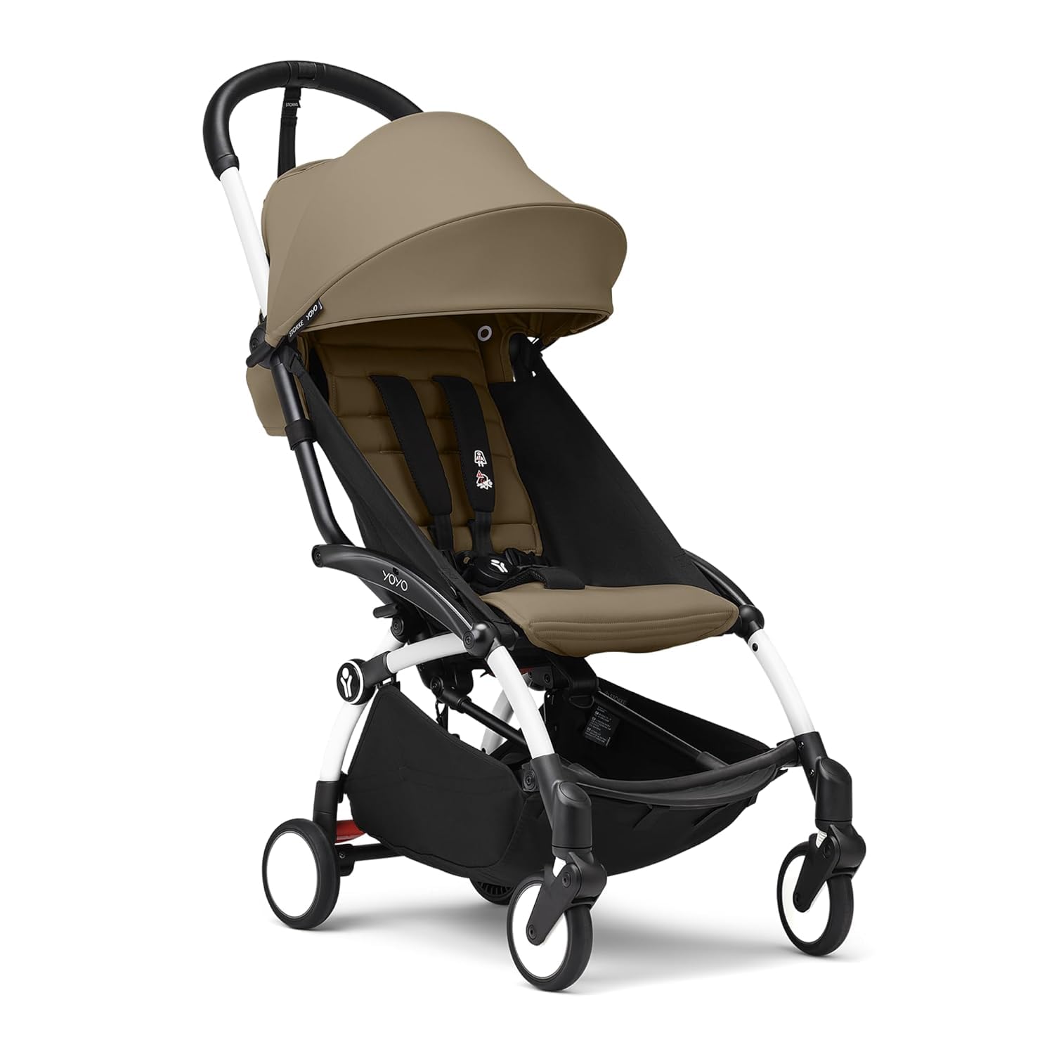 Passeggino Stokke YOYO3 da 6 mesi - Include telaio bianco/cuscino seduta Toffee + Capottina - Si ripiega e si apre in un lampo - Leggero e compatto - Compatibile con il bagaglio a mano