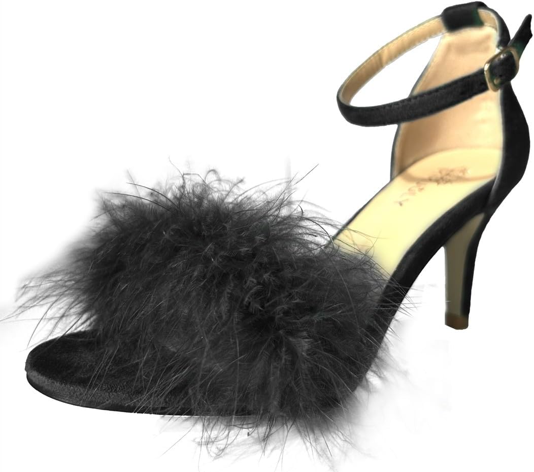 MMJULY Women's Open Toe Ankle Strap Fluffy Feather Stiletto High Heel Dress Sandal