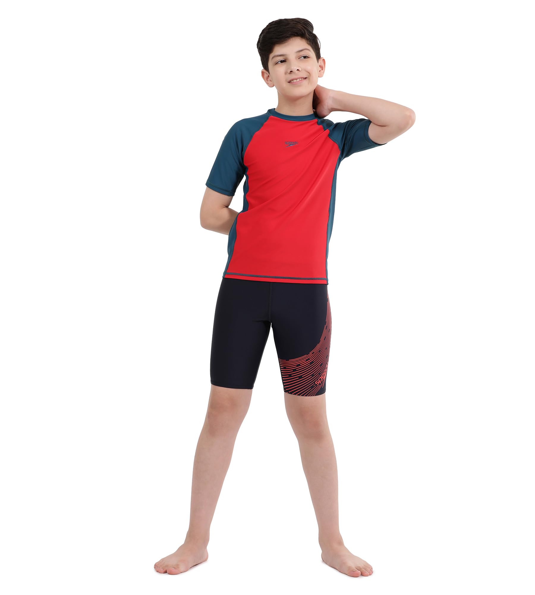 Speedo Boy's Endurance 10 High Chlorine Resistant UPF 40+ Sun Protection Short Sleeve Suntop - Fed Red & Dark Teal 1