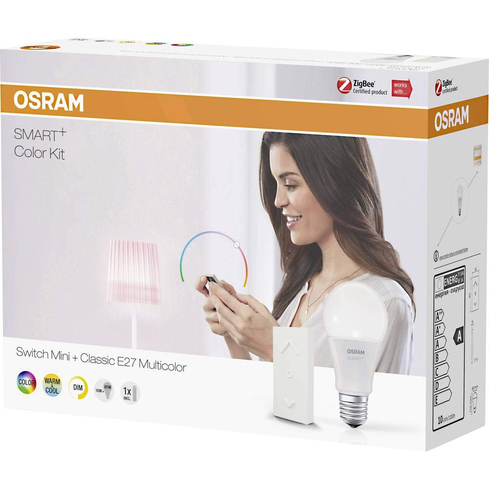 OSRAM Smart+ RGB LED mit Fernbedienung, ZigBee LED Lampe E27 mit Schalter, warmweiß bis tageslicht, dimmbar, Alexa kompatibel