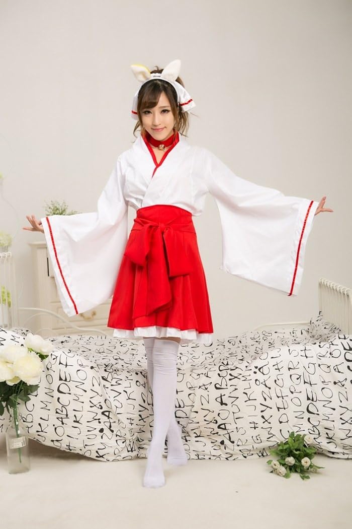Buy Japanese Anime Red And White Kimono Fox Cosplay Costume With Socks Online In Vietnam B07gjcg11k