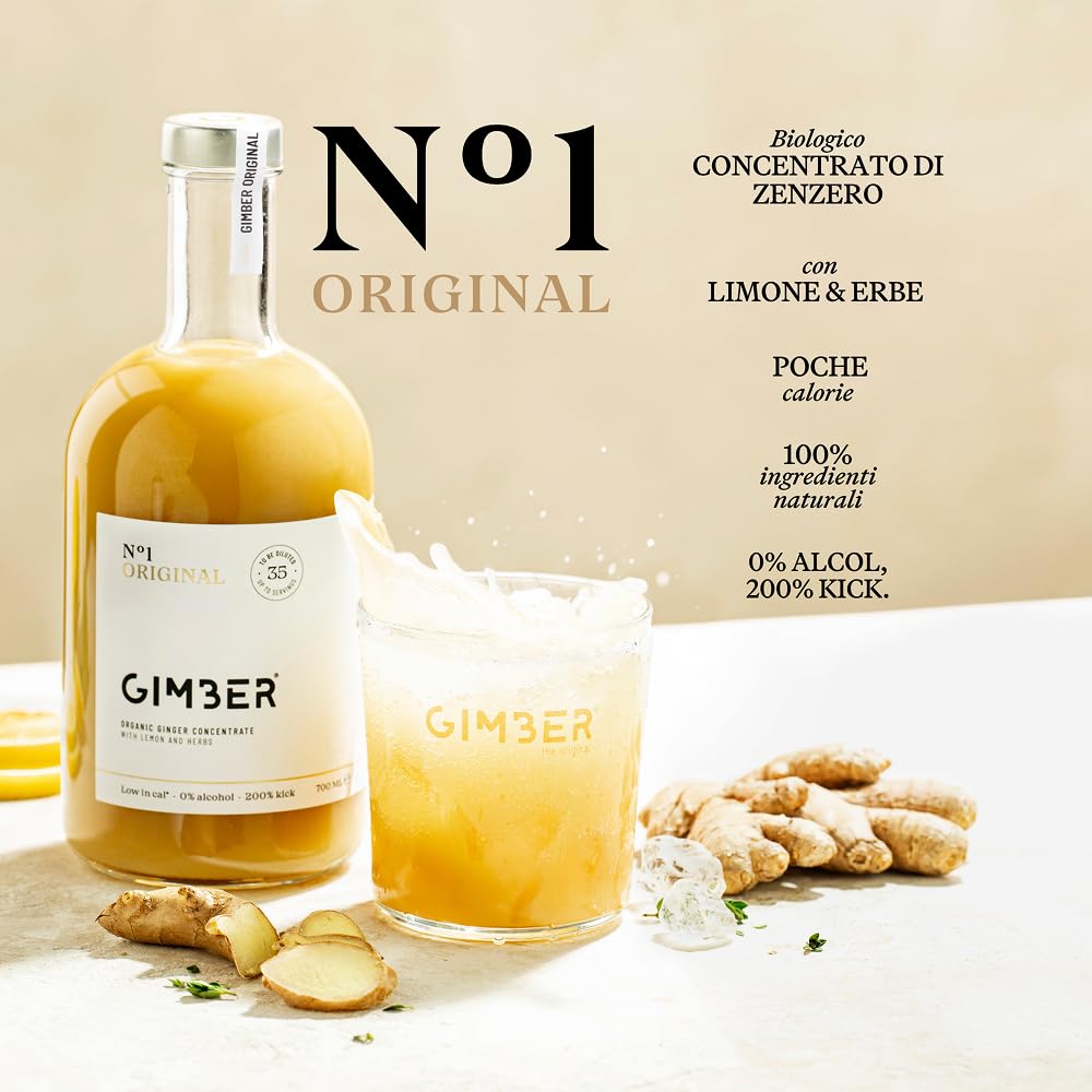Concentrato di zenzero biologico Gimber, 100% naturale e vegano | N°1 3x700ml Original | Concentrato di zenzero biologico, bevanda allo zenzero analcolica con timo limone, concentrato vegano
