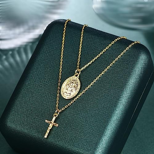 AllenCOCO Gold Cross Necklaces for Women, Crucifix Necklaces, Dainty Virgin Mary Necklace, Virgen de Guadalupe, Layered Pendants Chain Non Tarnish2