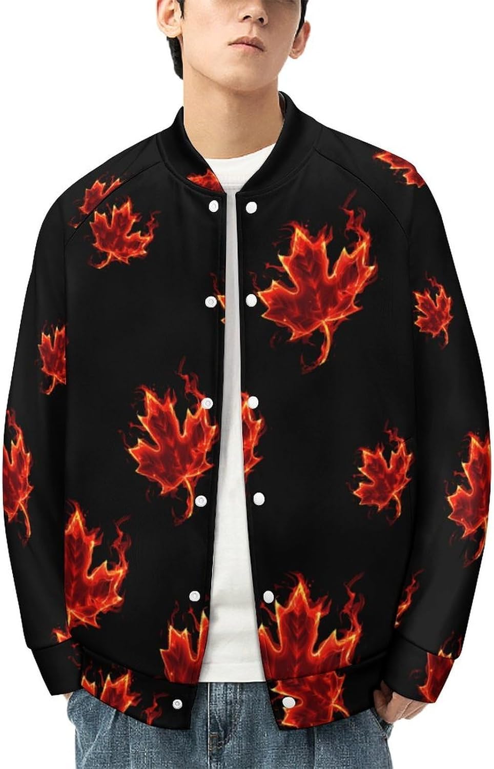 Canada Flag Maple Flame Novelty Men's Baseball Jackets Causal Sweatshirt Button Top Long Sleeve Coat