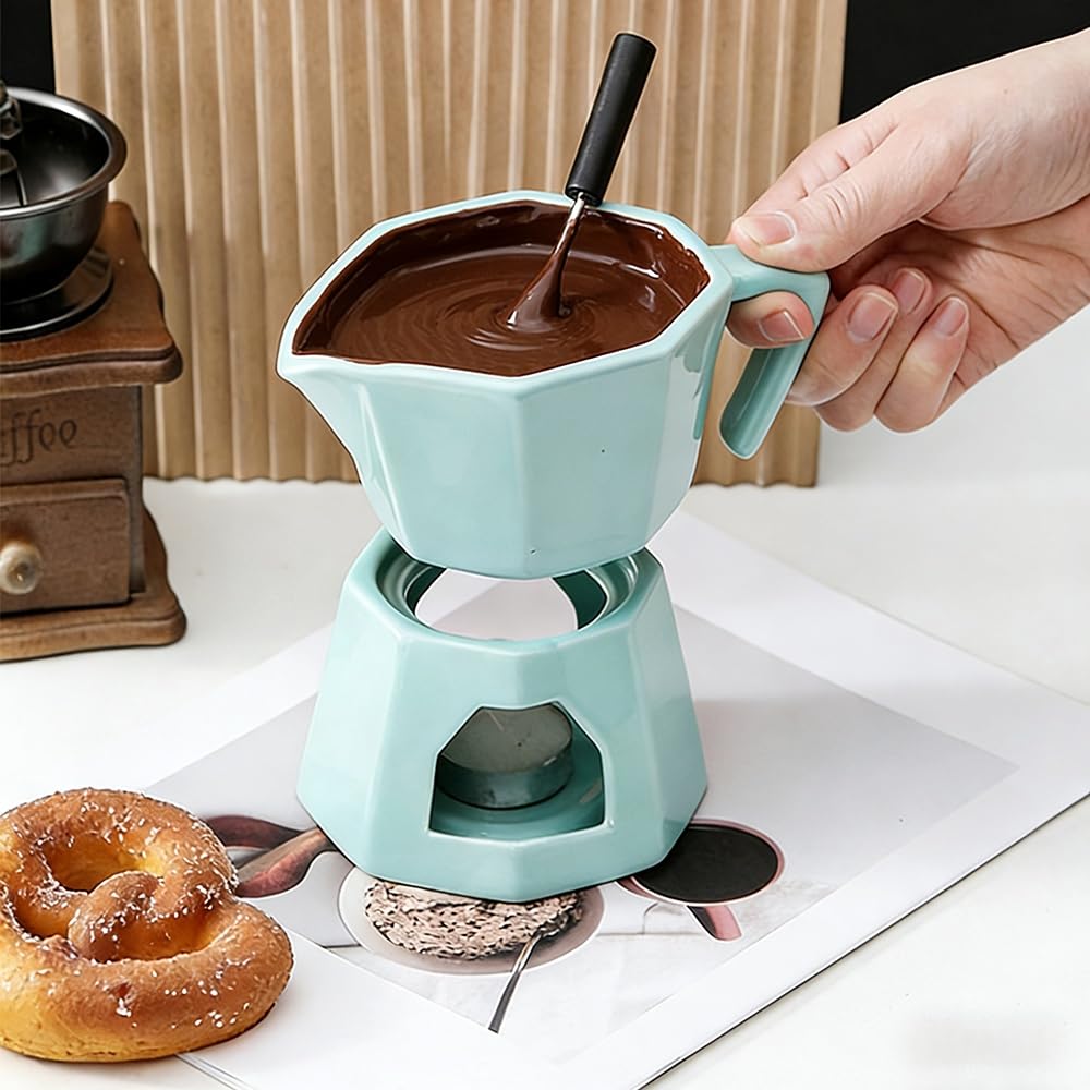 Fonduta Cioccolato, Pentola per Fonduta di Cioccolato al Burro in Ceramica, Set Casa con Candela da tè 300 ml con 1 Forchette per Formaggio, Verde (Verde)
