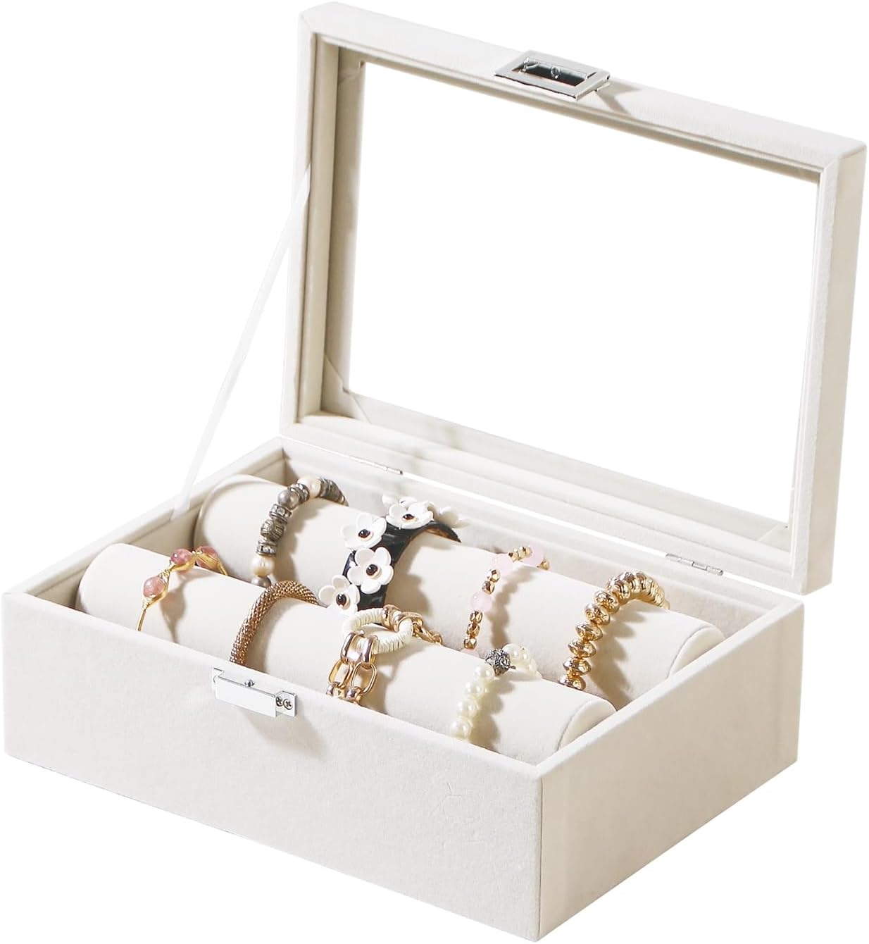 KunGe Bracelet Display Holder with Rods for Bangles Watches, Jewelry Organizer Box Storage Case with Clear Lid (Beige)