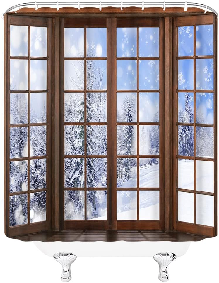 Winter Forest Shower Curtain Pine Tree Forest Blue Jungle Snowflake Snowy Day Rustic Christmas Holiday Nature Scenery Bathroom Decor Fabric Bathroom Sets with Hooks