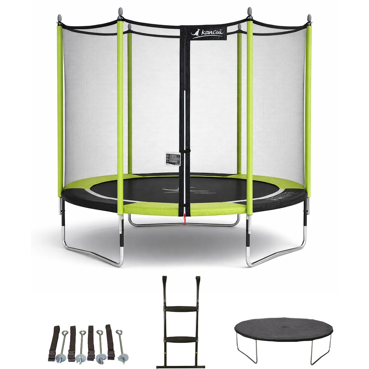 Kangui - Trampoline JUMPI POP + filet + échelle PVC + couverture de propreté + kit d'ancrage - Noir et vert - Ø250cm - 300cm - 360cm - 430cm