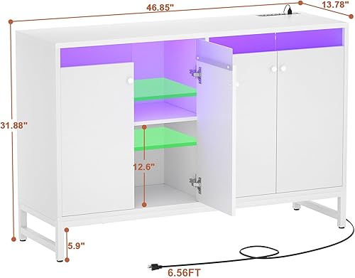 Miniatura 2 de Aheaplus Aparador de buffet con toma de corriente, armario de almacenamiento de cocina con luz LED y puertas, armario decorativo con almacenamiento