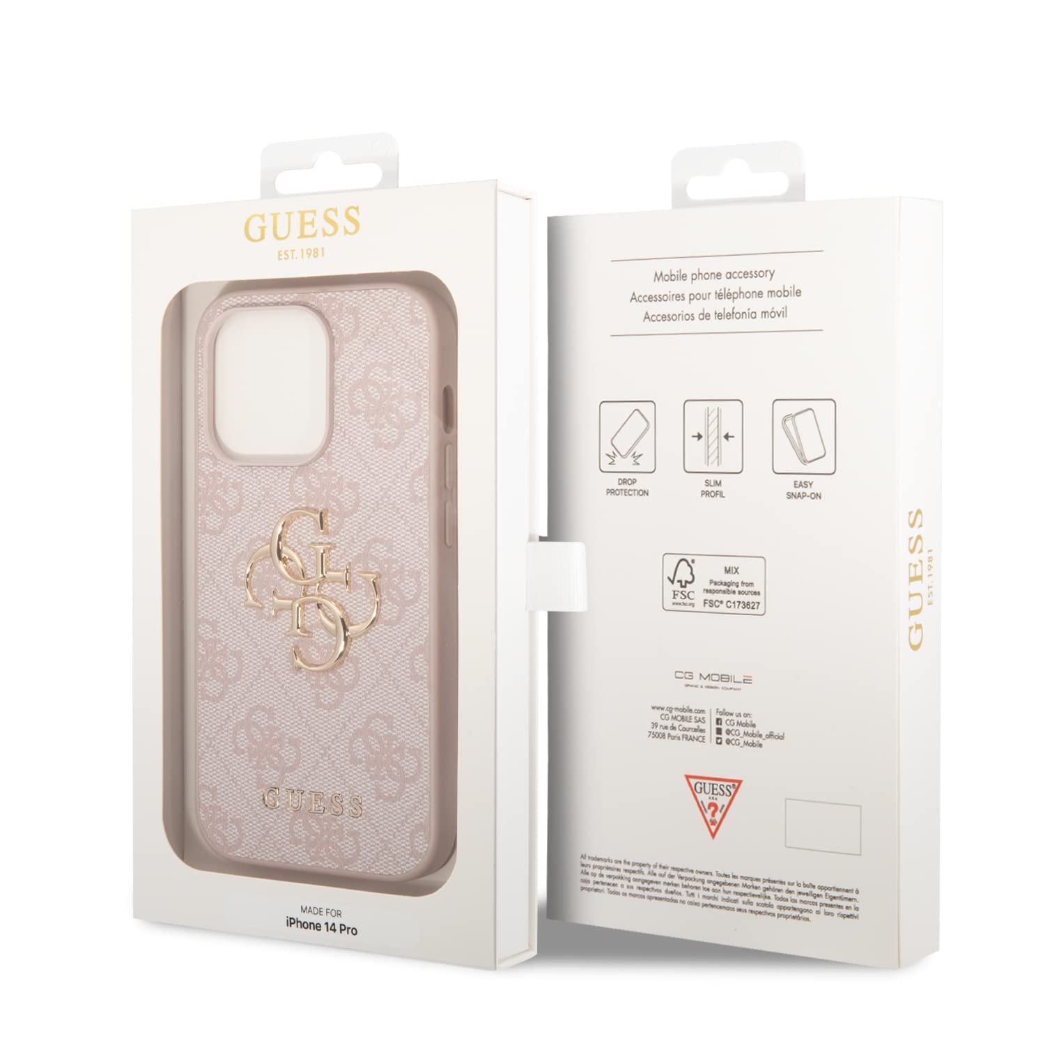 Guess PU 4G Metal Logo Carcasa para iPhone 14 Pro, Color Rosa