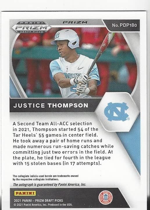 Justice Thompson Autographed Panini Draft Picks Signature Collectible Baseball Card - 2020 Panini Prizm Draft Picks Baseball Card #PDP180 (Reds) Free Shipping