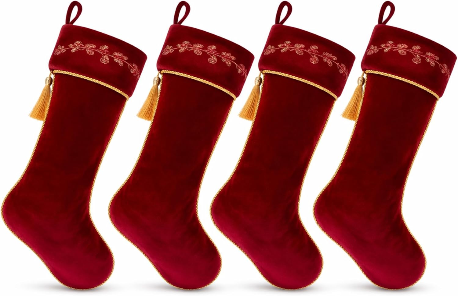 Kinlop 4 Pcs 18 Inch Burgundy Luxury Velvet Christmas Stockings Holly Embroidered Christmas Stocking Stockings with Gold Tassel Decorations for Fireplace Xmas Party Vintage Holiday Decorations