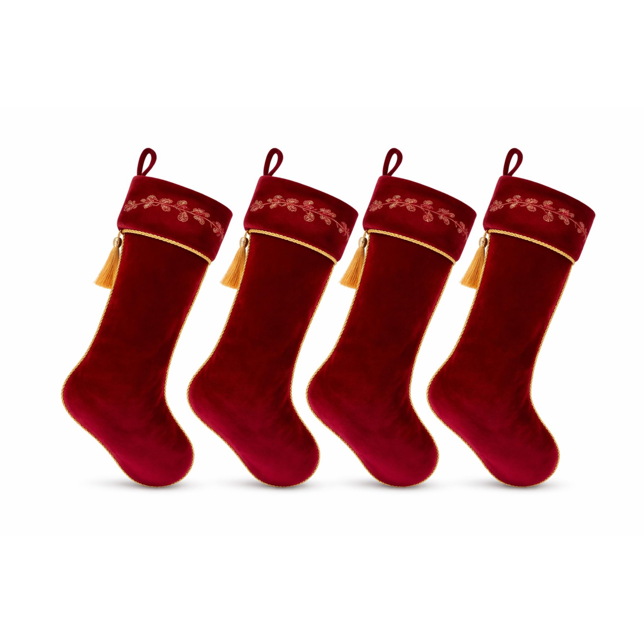 Kinlop 4 Stück 45,7 cm große rote Weihnachtsstrümpfe, Stechpalme, bestickt, Samt, Weihnachtsstrumpf, hängende dekorative Strümpfe, für Weihnachten, Familie, Kamin, Urlaub, Party-Dekorationen (Weinrot)