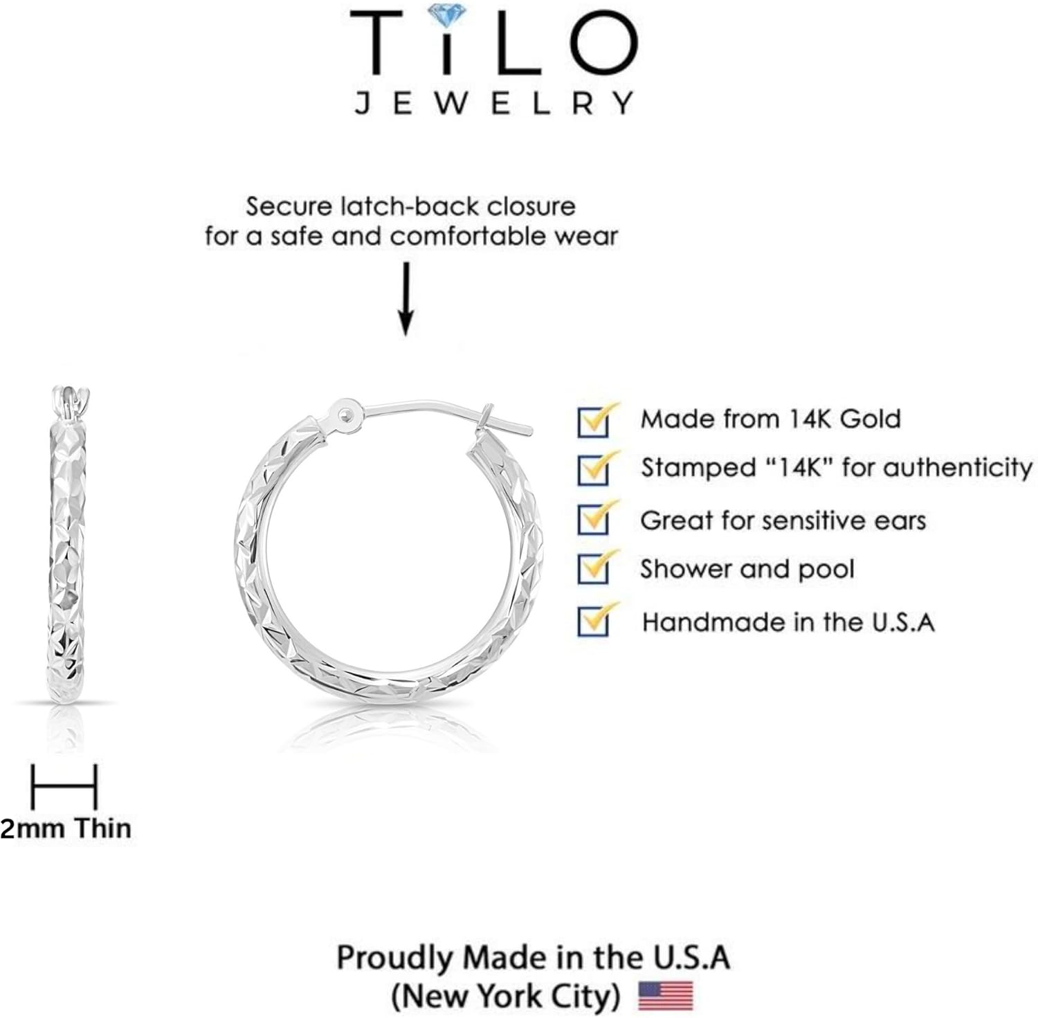 14K White Gold Round Hoop Earrings with Diamond-cut X Pattern Design… - Image 4