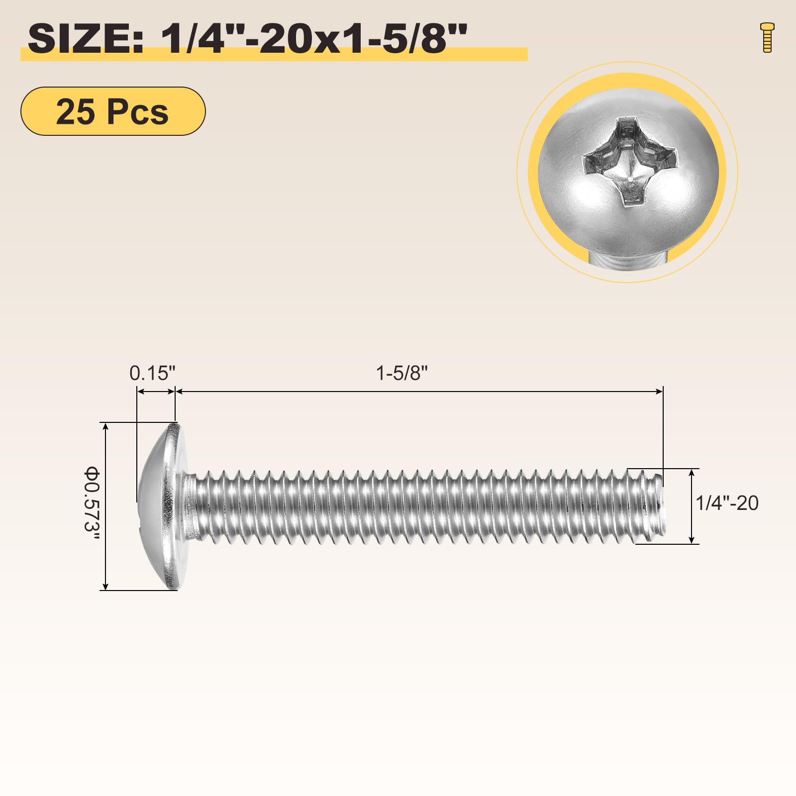 METALLIXITY Machine Screws Phillips Head(1/4"-20x1-5/8") 25Pcs, 304 Stainless Steel Round Head Phillips Drive Furniture Bolts - Image 2