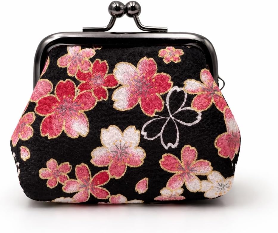 Square Coin Purse [ Made in Japan ] Traditional Edo Komon Design Small Change Pouch (Cherry blossom (black))