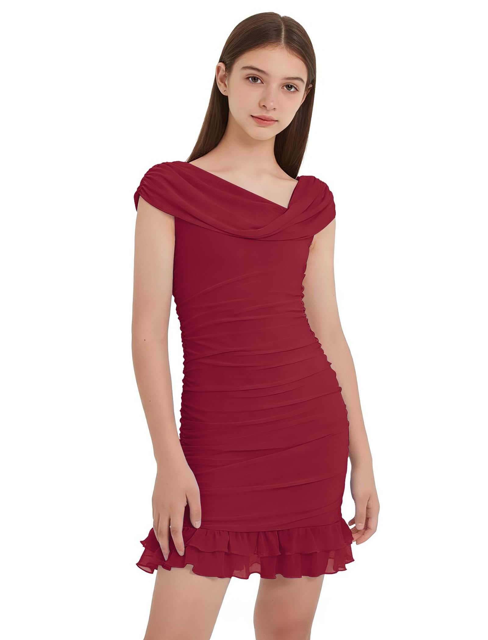 ODIZLI Einschultriges figurbetontes Kleid für Mädchen – Tween-Mädchen, asymmetrischer Ausschnitt, Rüschensaum, schmale Passform, Partykleid für Kinder